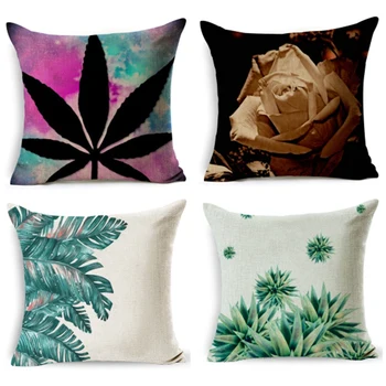 

Home Decorative Pillows Cotton Linen Throw Pillow Green Leaves Print Cozy Seat Back Cushion Bedding Pillowcase