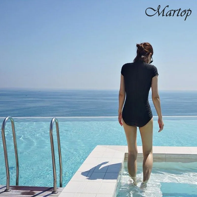 Fashion Sexy Women Black Zipper One-piece Set Swimsuit Short Sleeve / Long Sleeve Lady Swim Suit Black Dropshipping