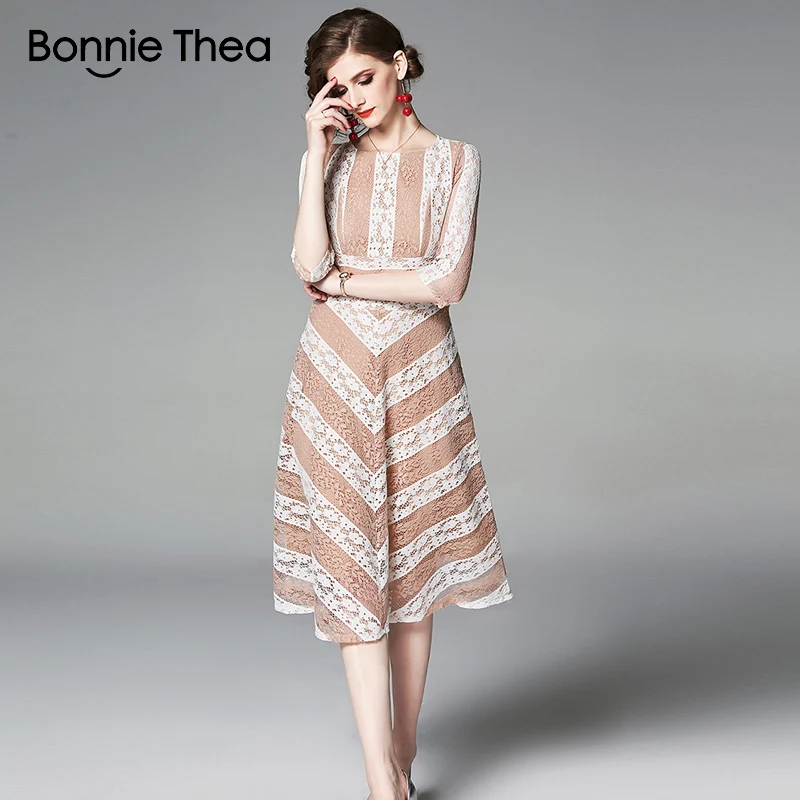 Bonnie Thea, женское осеннее кружевное платье, женское Полосатое вечернее платье, женское Элегантное Длинное ТРАПЕЦИЕВИДНОЕ ПЛАТЬЕ