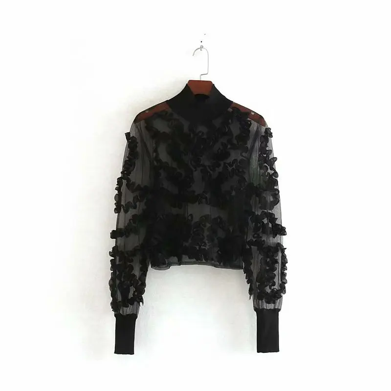 Economici Nuovo sexy delle donne appliques trasparente casual nero Camicette camicette delle donne lunghe del manicotto della rappezzatura della maglia roupas femininas top LS4513