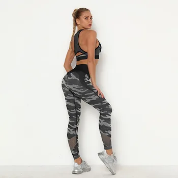 

2019 Autumn Women Mesh Mosaic Camouflage Slim Yoga Set Sports Wear For Female Gym Fitness Clothing Bra Suit Ropa Deportiva Mujer