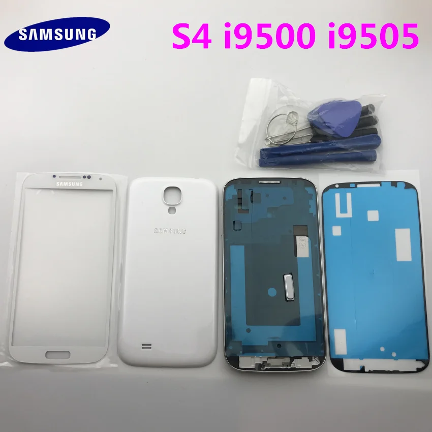 Полный комплект корпуса для samsung Galaxy S4 i9500 i9505 передняя рамка+ средняя рамка+ задняя крышка батареи+ кнопка Home 4 в 1+ Инструменты