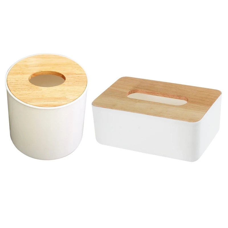 2Pcs Tissue Box: 1Pcs Round White Home Room Car Hotel Tissue Box Wooden Cover Paper Napkin Holder Case& 1Pcs European Style Hom