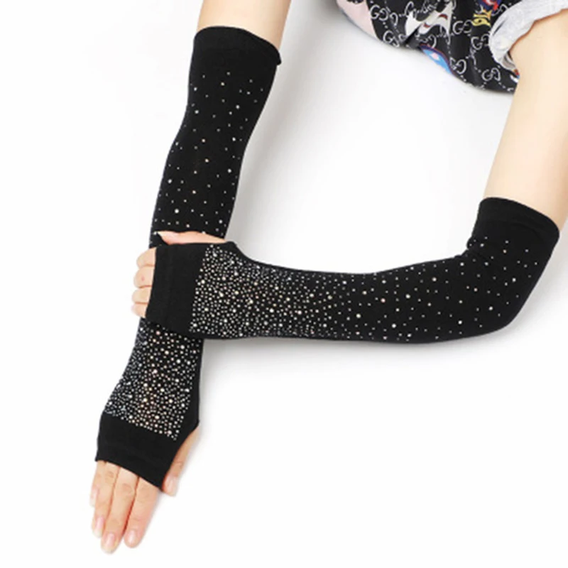 الإناث الأسود نصف اصبع طويلة محبوك الدافئة القيادة قفازات الإناث لطيف الثعلب بحار مرونة الرقص حجر الراين فاسق قفازات H37