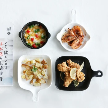 

Black and White Matt with Handle Square Ceramic Plate Baked Rice Microwave Oven Oven Baking Tool Tableware Kitchen Utensils