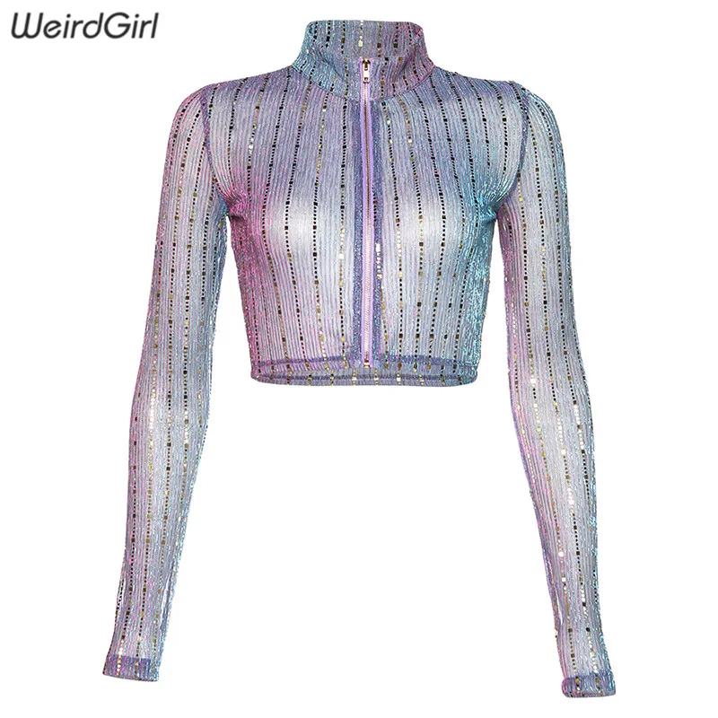 Weirdgirl, Женская Прозрачная Сексуальная куртка, на молнии, с блестками, тонкие, вечерние, для клуба, Harajuku, топы, осень, новинка, уличная одежда, светоотражающие рубашки - Цвет: Синий