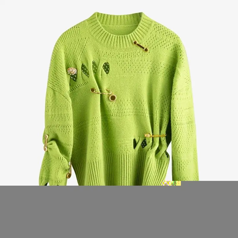 

Women Patchwork Pins Hollow Out Sweaters Pullovers Female O Neck Long Sleeve Irregular Hem Asymmetrical Sweater