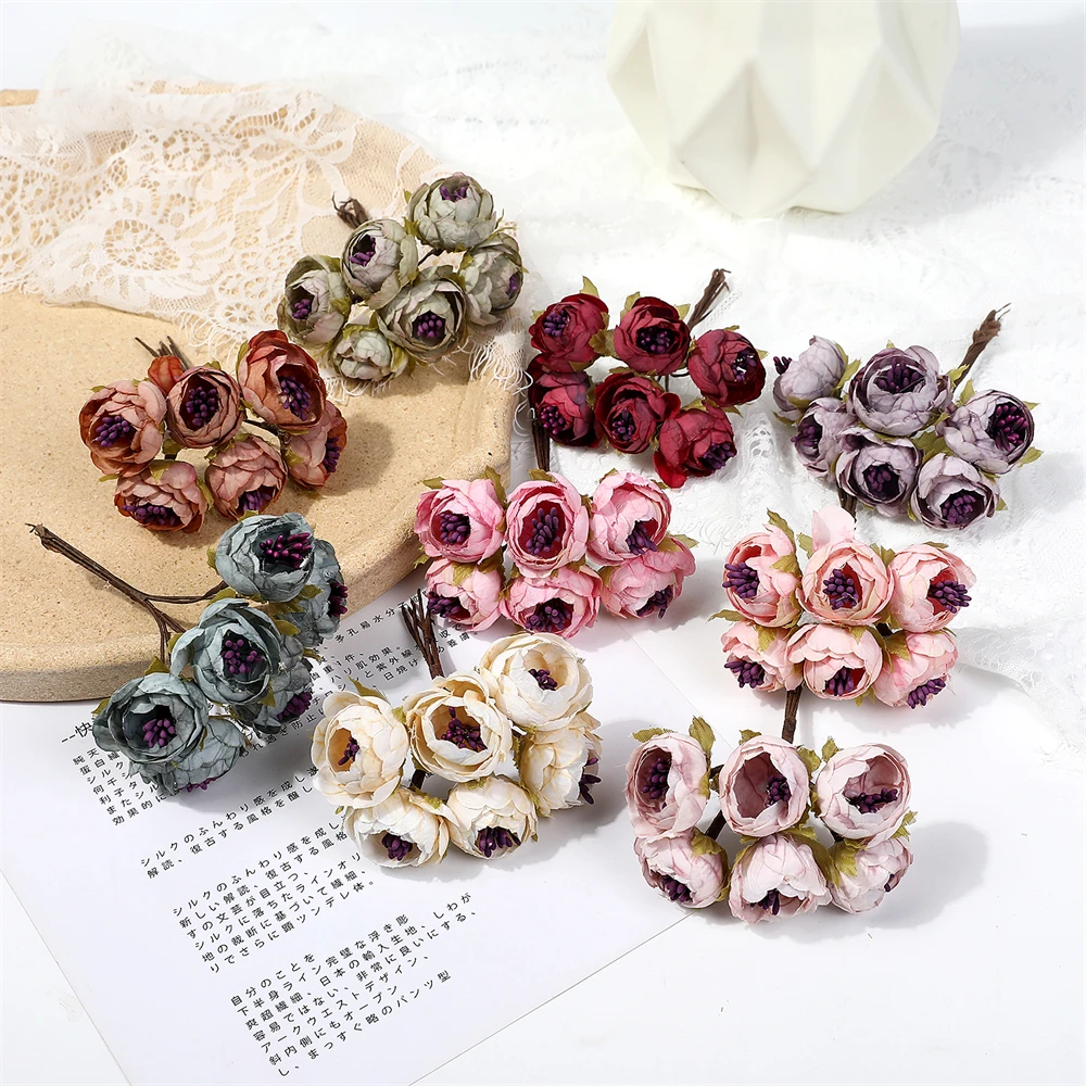 6PCS Mini Artificial Flower Rose Bouquet Wedding Party Decoration DIY Handmade Wreath Gift Scrapbooking Craft Fake Flowers
