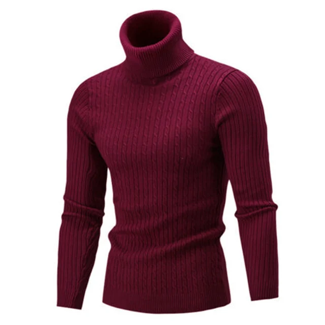 Casual Men Winter Solid Color Turtle Neck Long Sleeve Twist Knitted Slim Sweater Men's Knitted Sweaters Pullover Men Knitwear Burgundy
