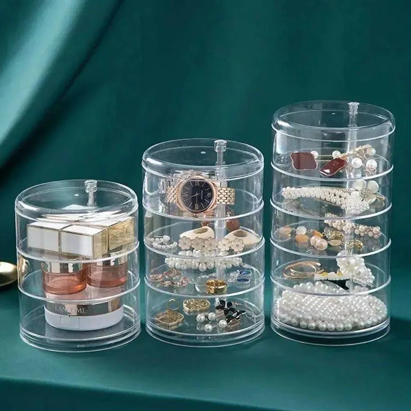 Jewelry Storage Box Makeup Organizer Rack Bracelet Earrings Watch Rotating Plastic Display with Cover | Дом и сад