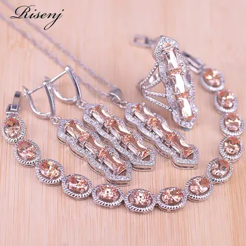 

Risenj Luxury Dubai Style Champagne Zircon Silver Color Jewelry Set For Women Earrings Ring Necklace Bracelet Sets Pretty Gift
