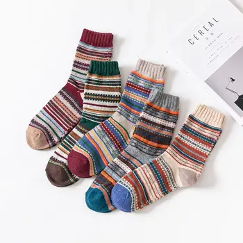 

5 Pairs Ethnic Mens Chunky Knit Crew Socks Geometric Stripes Winter Warm Hosiery