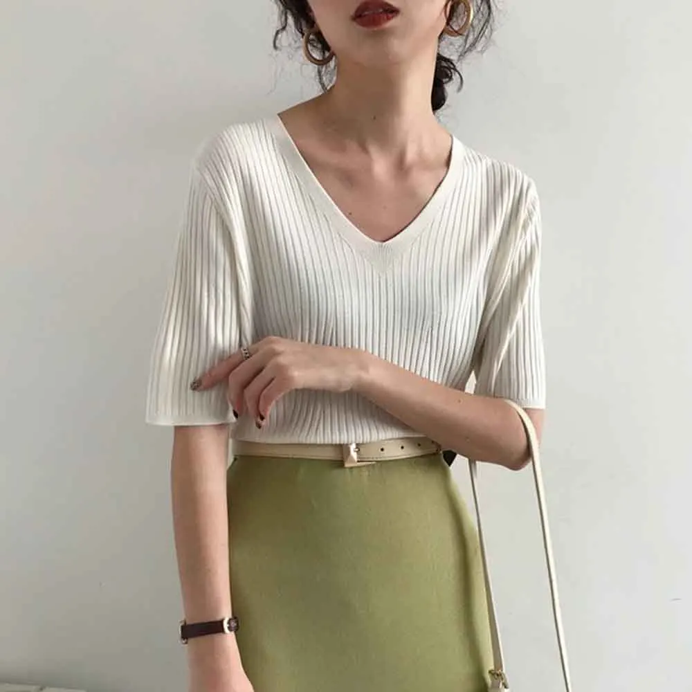 Ice Silk T-shirt Knitwear Woman Spring Summer Slim Cool Breathable Office Lady Causal Tops Knitwear Young Girl Japan Korea  New