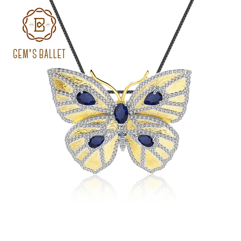 

GEM'S BALLET Elegant Butterfly Brooch Pendant 925 Sterling Silver Gold Plated Natural Sapphire Gemstone for Women Fine Jewelry