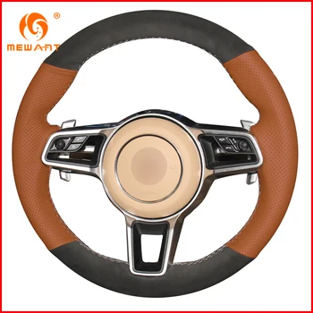 

MEWANT Brown Genuine Leather Black Suede Car Steering Wheel Cover for Porsche Macan Cayenne 2015 2016 Interior Accessories Parts