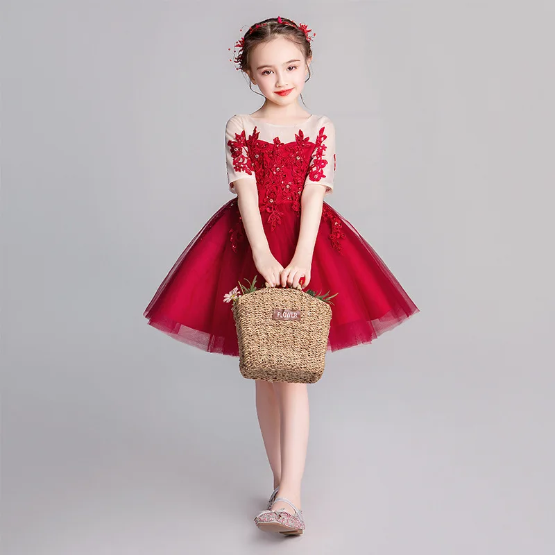 Праздничное платье принцессы винно-красного цвета с аппликацией; Платья с цветочным узором и бусинами для девочек на свадьбу; платья с короткими рукавами для девочек на день рождения