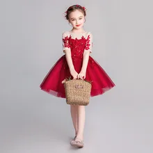 Праздничное платье принцессы винно-красного цвета с аппликацией; Платья с цветочным узором и бусинами для девочек на свадьбу; платья с короткими рукавами для девочек на день рождения