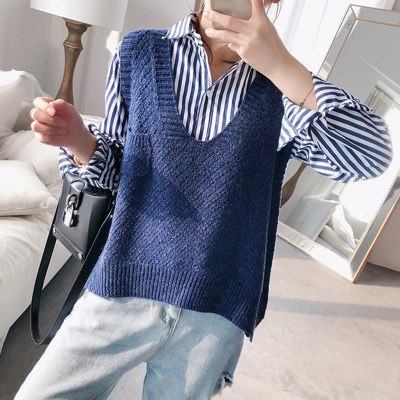 Осень 2019 корейский вариант без рукавов шерсть плечо v образный вырез вязаный