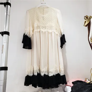 

European Station Dresses 2020 Summer New Lace Color Matching Short-sleeved Dress Female Temperament Loose High-quality Dress