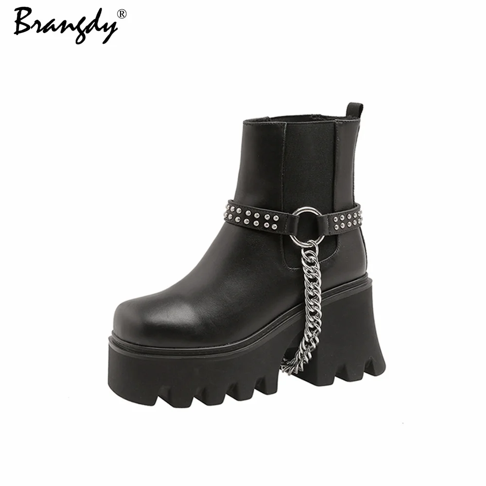 

Brangdy Women Ankle Boots Metal Chain Genuine Leather Women Shoes Chunky Platform Square Toe Zipper Women Winter Boots With Fur