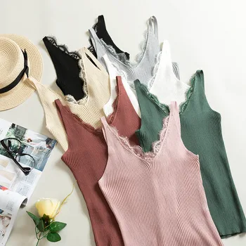 

Fashion Woman Clothes Summer Fitness Tank Tops Sexy V-neck Lace Camis Vest Slim Tops
