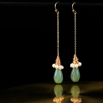 

New Arrival Handmade Gold Color Drop Long Earrings Women Real Pearls Tassels Earring with Natural Stones for Best Gift for Girls