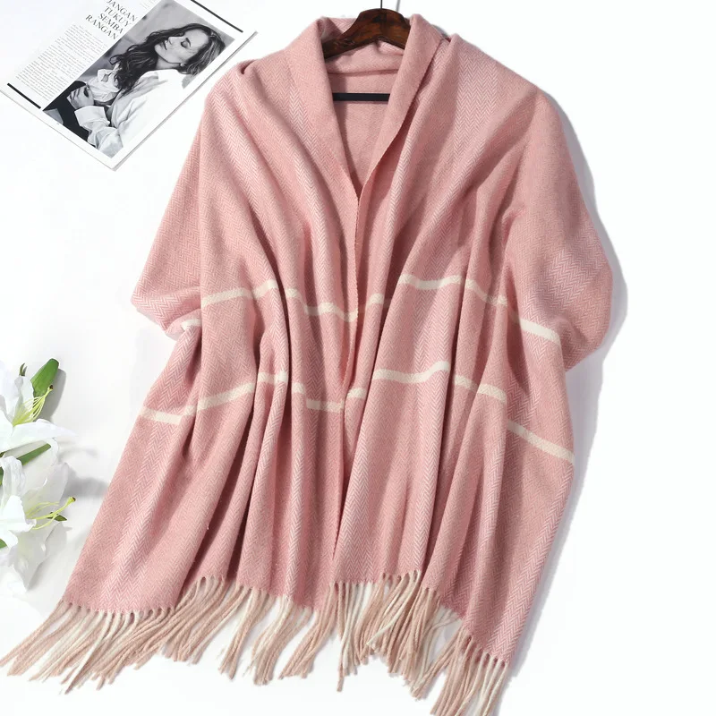 Fionto шерстяной шарф женский зимний Корейский Универсальный утолщенный с узором в елочку длинный Расширенный супер теплый женский шарф - Цвет: Pink