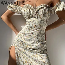 WannaThis Summer Floral Off Shoulder Puff Sleeve Maxi Dress For Woman Robe Sexy Lace Up Side Split Chic Mid-Calf Aesthetic Dress