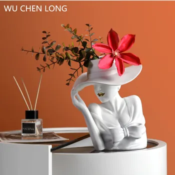 

WU CHEN LONG Resin Creative Beauty Flower Vase White Pink Nordic Style Human Head Flower Pot Statue Living Room Home Decor A2153
