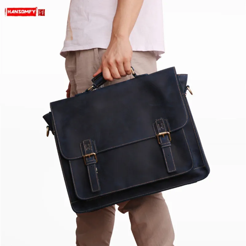 New business men's leather briefcase men handbags 15.6 inch computer bag crazy horse leather retro laptop bag male travel bags