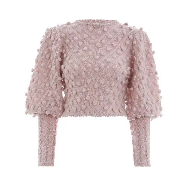 Осень Зима Модный милый синий трехмерный шар круглый воротник короткий вязаный женский свитер джемпер пуловер - Цвет: Pink