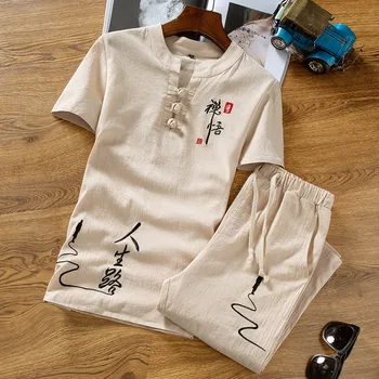 

Summer Chinese Style Retro Embroidery Men's Short-sleeved Suit 2 Pieces Sets Large Size 5XL Cotton and Linen Fabrics