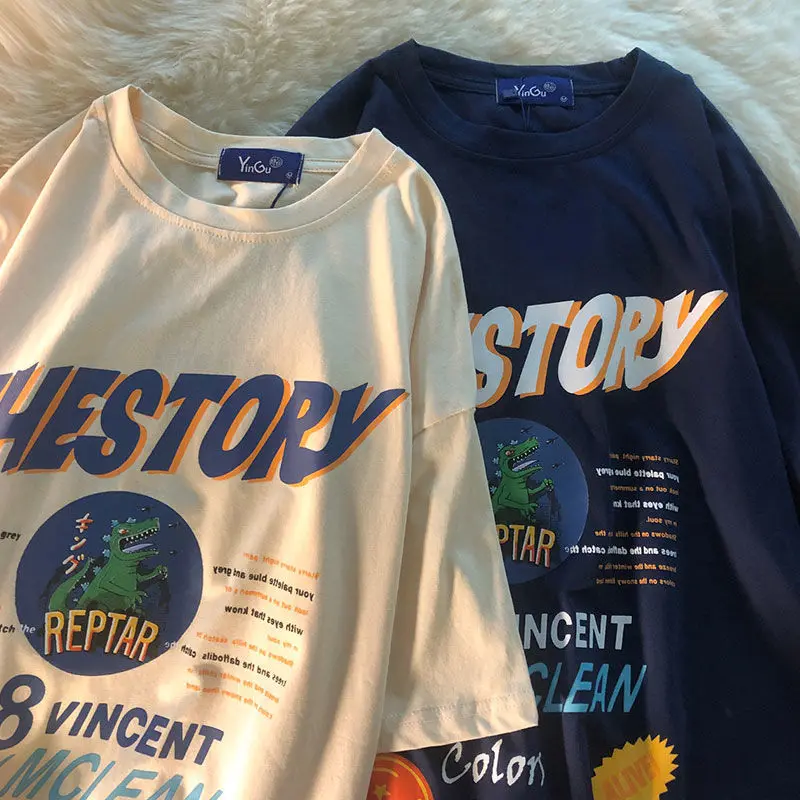 Футболка женская/мужская оверсайз в стиле ретро с круглым вырезом и короткими