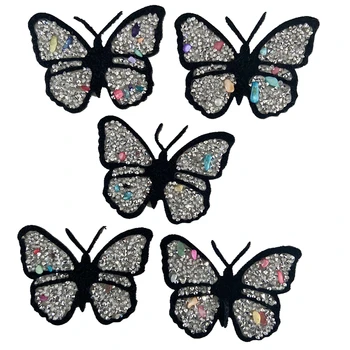 

New Colorful Stones with Silver Rhinestones Butterfly Patches for Clothes 3D Beaded Butterflies Patch Iron on Stickers 5pcs/lot