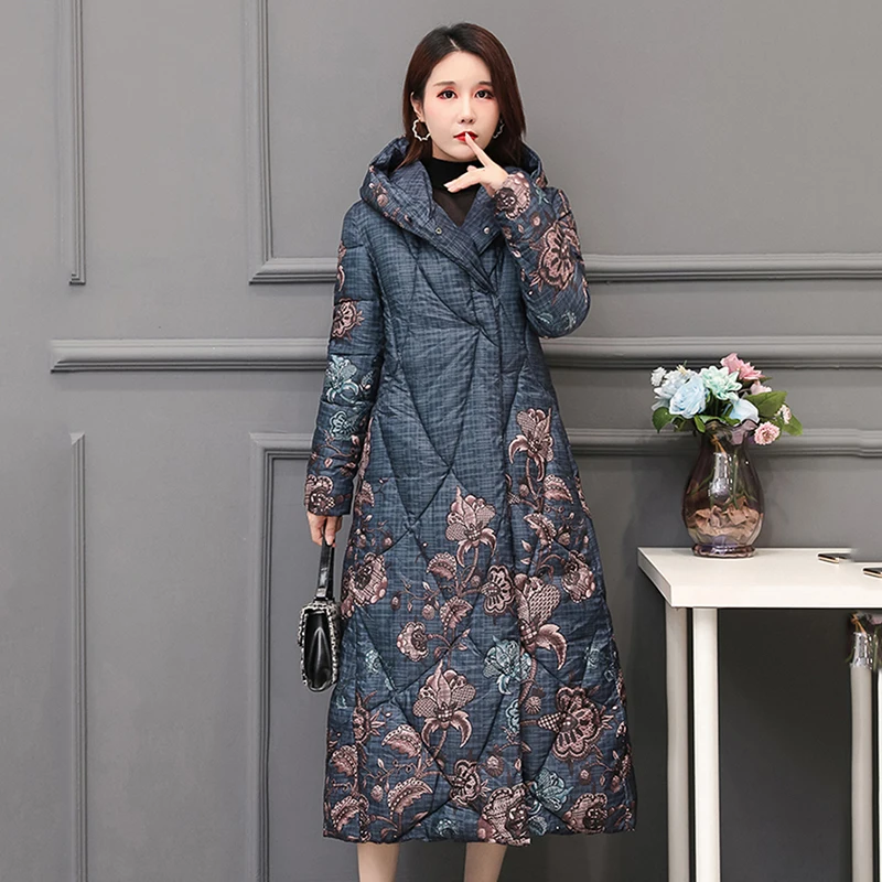 Outwear Down-Jacket Hooded Cold-Coat Winter Womens X-Long Printing Female Plus-Size