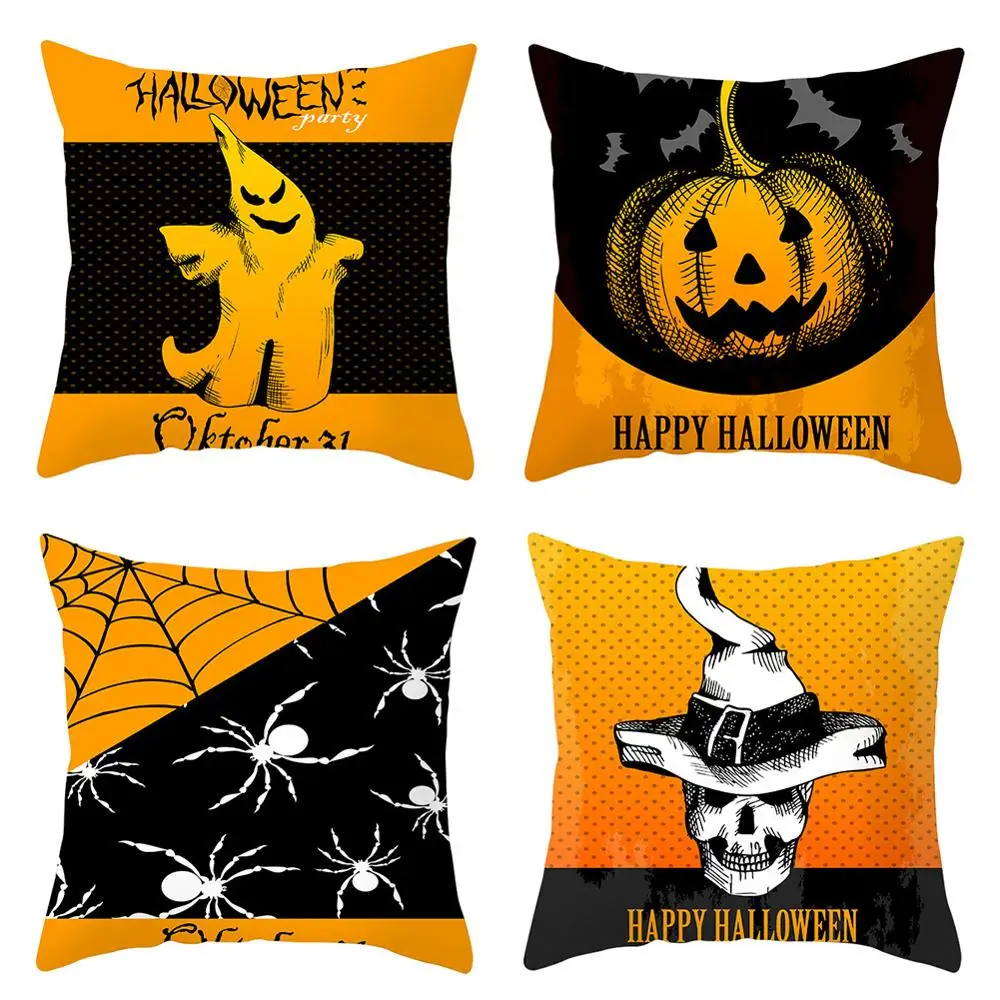 4 Pcs 18*18in Halloween Pillow Covers Pumpkin Decorative Throw Pillowcase/Pumpkin face Peach Skin Velvet for Home Car Sofa Decor - Цвет: TPR184(7 8 9 10)