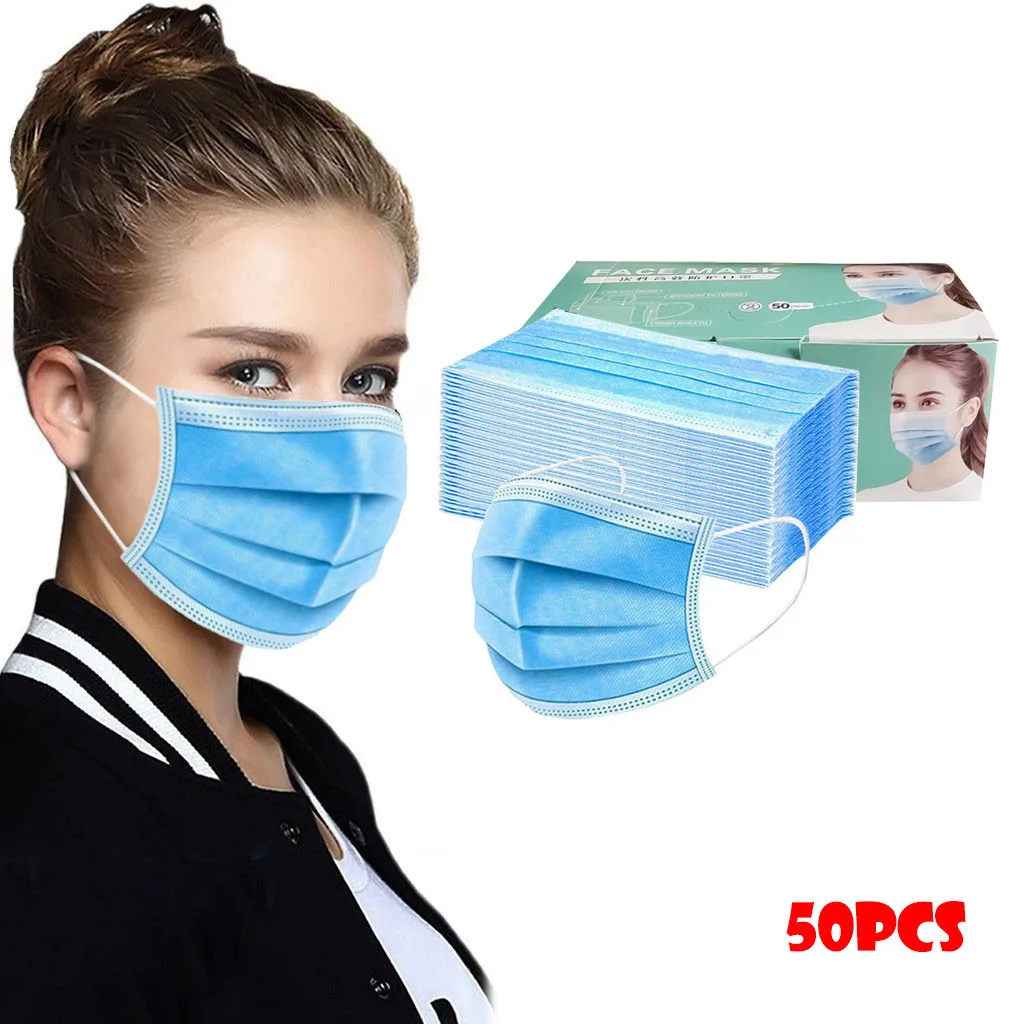 

50pc Blue Adlut Disposable Face Mask Fashion 3 Layer Non-woven Fabric Masks Blue Mouth Cover For Halloween Cosplay Protect-mask