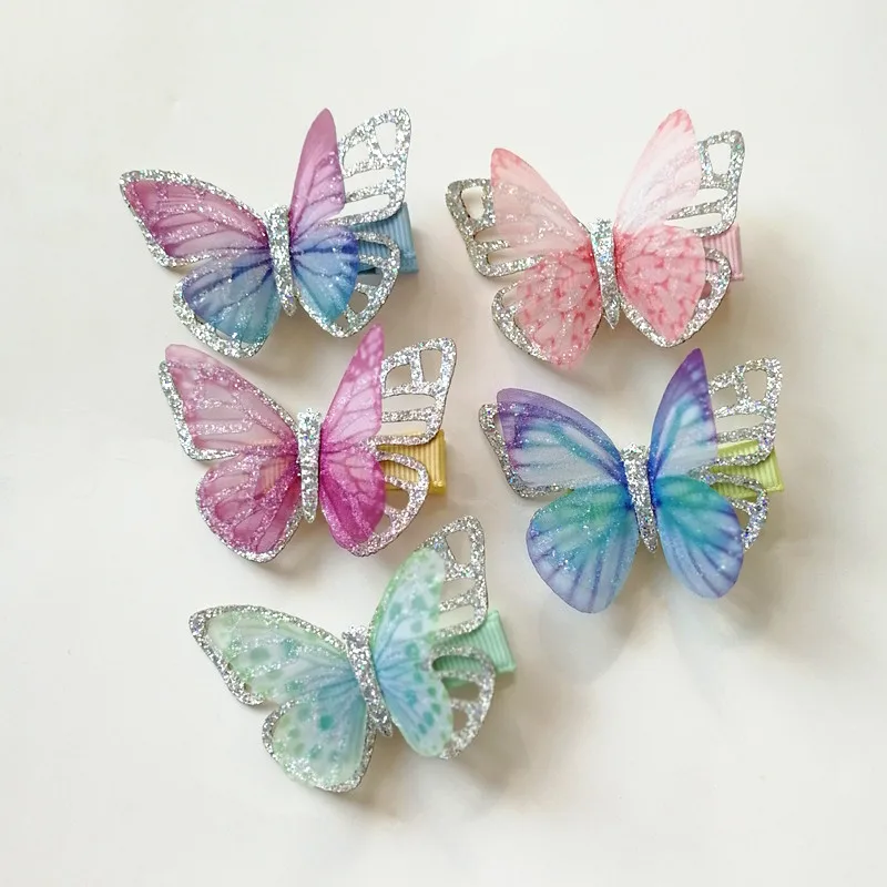 2pcs/lot Summer Printing Butterfly Kid Hair Clip Cute Girls Gauze Multicolor Hair Grip Hair Barrette Floral Kids Hair Accessory