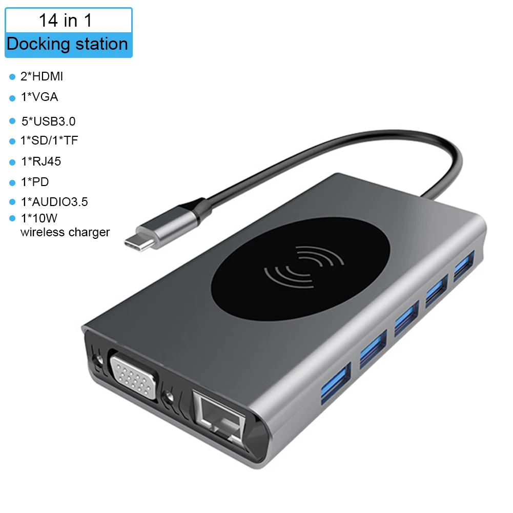 USB Type C к 3 0 VGA RJ45 HDMI * 2 PD Audio3.5 TF 10 вт беспроводное зарядное устройство концентратор