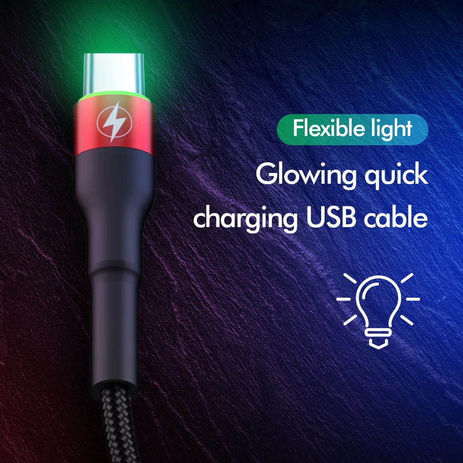 ROCK 5A Metal Led Light USB Type C Cable For Xiaomi Redmi Samsung OnePlus Huawei Mate 20 Pro Fast Charging Data USB C Quick 3.0