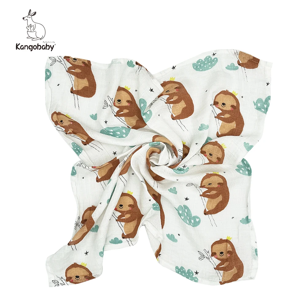 Kangobaby-tela de muselina de algodón y bambú, muselina multiusos, babero, toalla, perezoso y patrón de arcoíris, 60x60cm