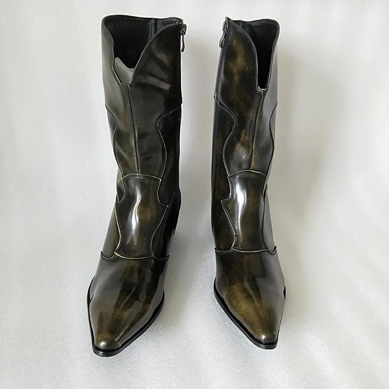 Western Cowboy Boots Men Medium-calf Genuine Leather Mens Boots 6.5cm Heels Botas Hombre Motorcycle Military Boots Male, EU38-46