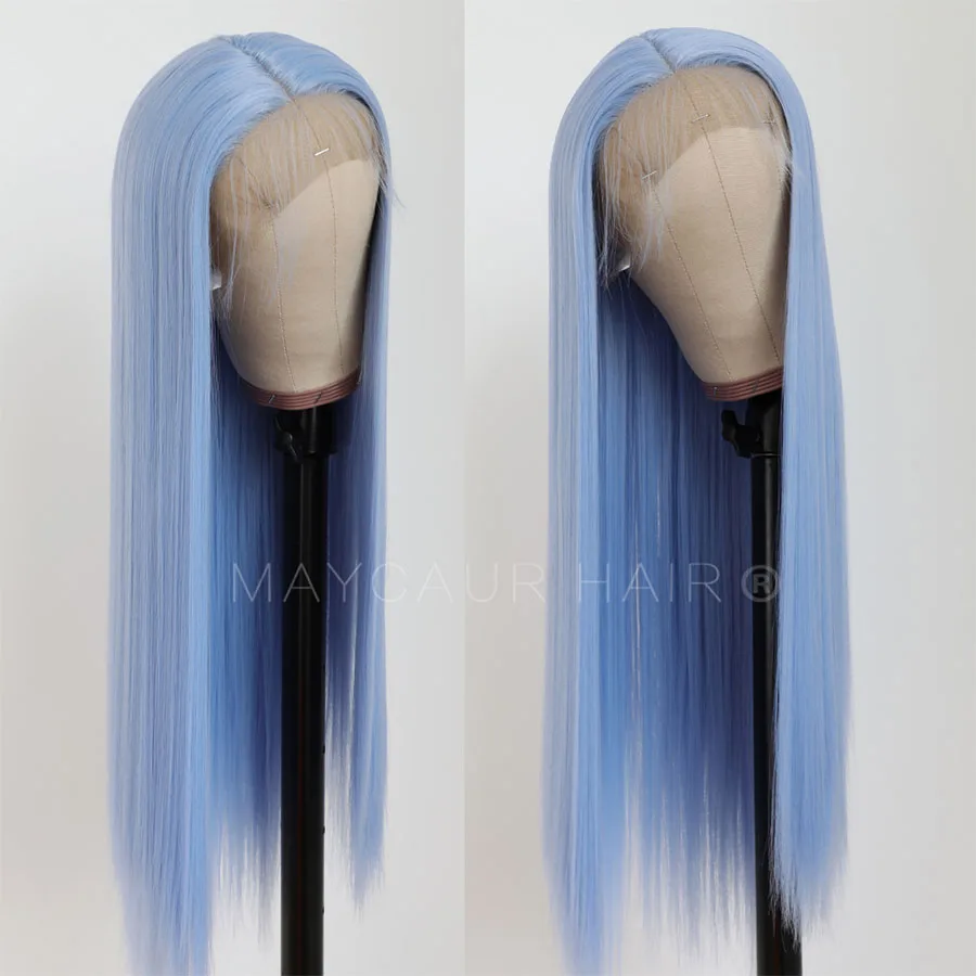 Front-Wigs Straight-Hair Light-Blue Synthetic Ace Maycaur Black Women Long for 