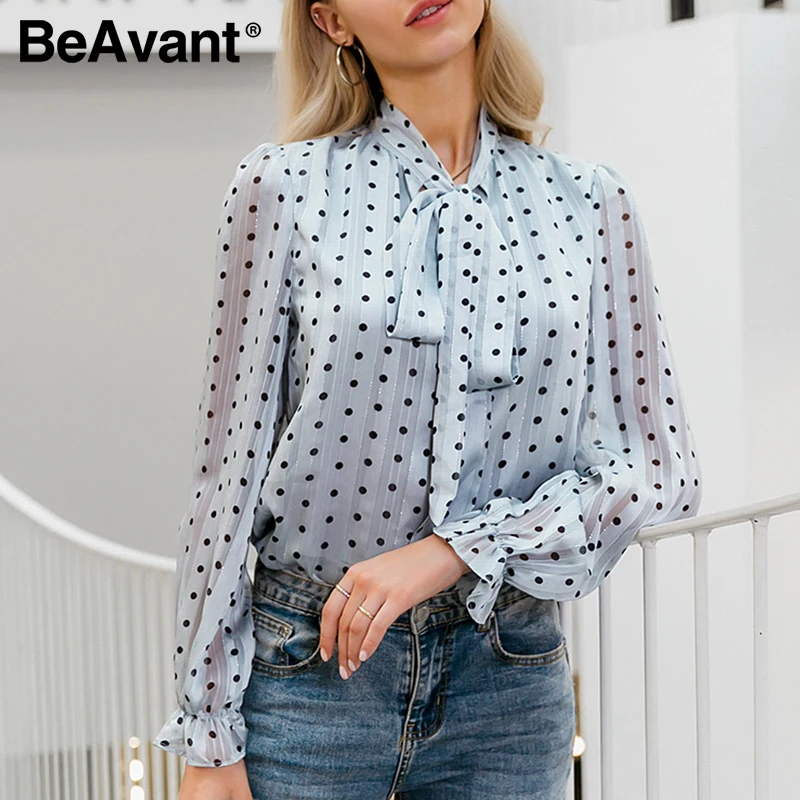 Женская блузка в горошек BeAvant элегантная повседневная синяя с длинным рукавом и