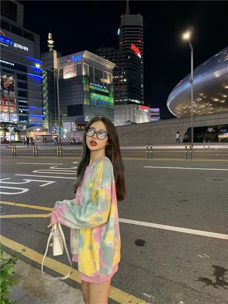 Корейская модная свободная уличная Толстовка Ins Harajuku с длинными рукавами, Женская Осенняя Новая повседневная толстовка с круглым вырезом