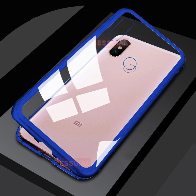 Металлический магнитный адсорбционный чехол для телефона для Xiao mi Note 10 CC9 Pro mi 8 9 SE 8 A3 Lite CC9e 9T Pro F1 закаленное стекло Магнитная крышка - Цвет: Transparent Blue