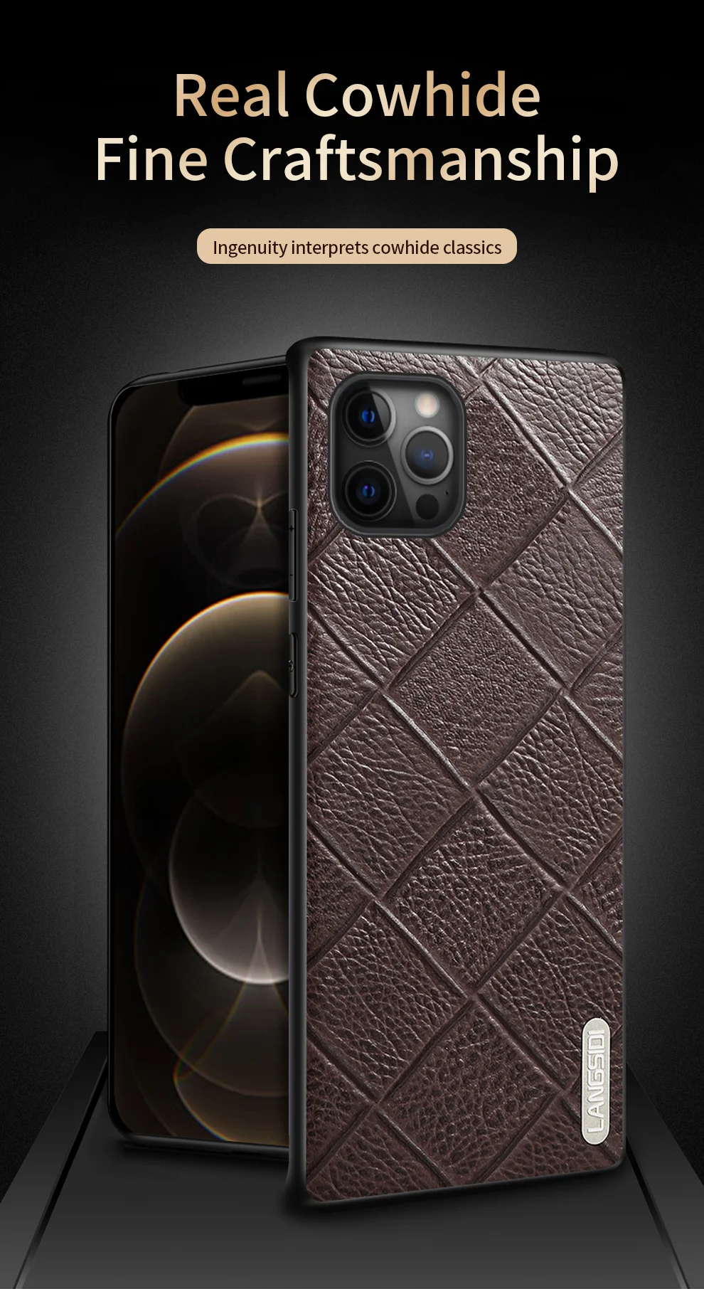 Genuine Leather Rhombus Grain Phone Cases For iPhone 12 Pro Max