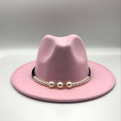 Простая Женская шерстяная шляпа Fedora с жемчужная лента джентльмен элегантный Леди Зима Осень широкий джазования с полями церкви Панама сомбреро - Цвет: pink