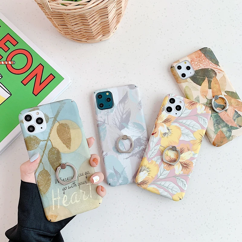 KEXIN Abstract Leaf Phone Cases For iPhone 11 Pro XS MAX XR 6S 6 7 8 Plus Case Matte Plants Leaves Cover With Finger Ring |