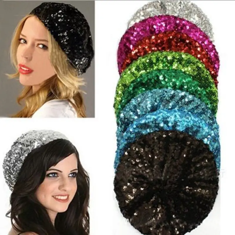 

Women Lady Beanie Stretch Metallic Shining Sequin Beret Hat Party Cap Club Dance